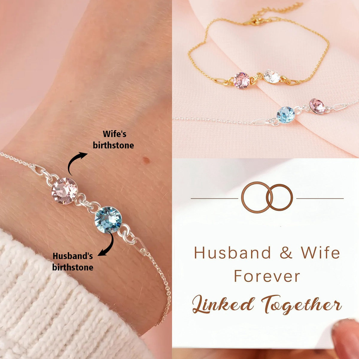 KISSFAITH-Husband and Wife Forever Linked Together Custom Birthstones Bracelet