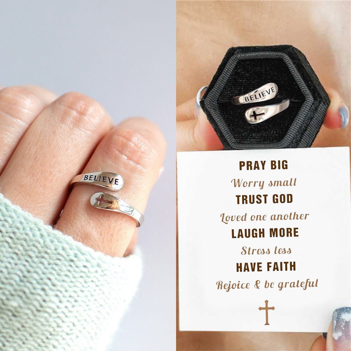 KISSFAITH- Christan Believe Sterling Silver Cross Adjustable Ring