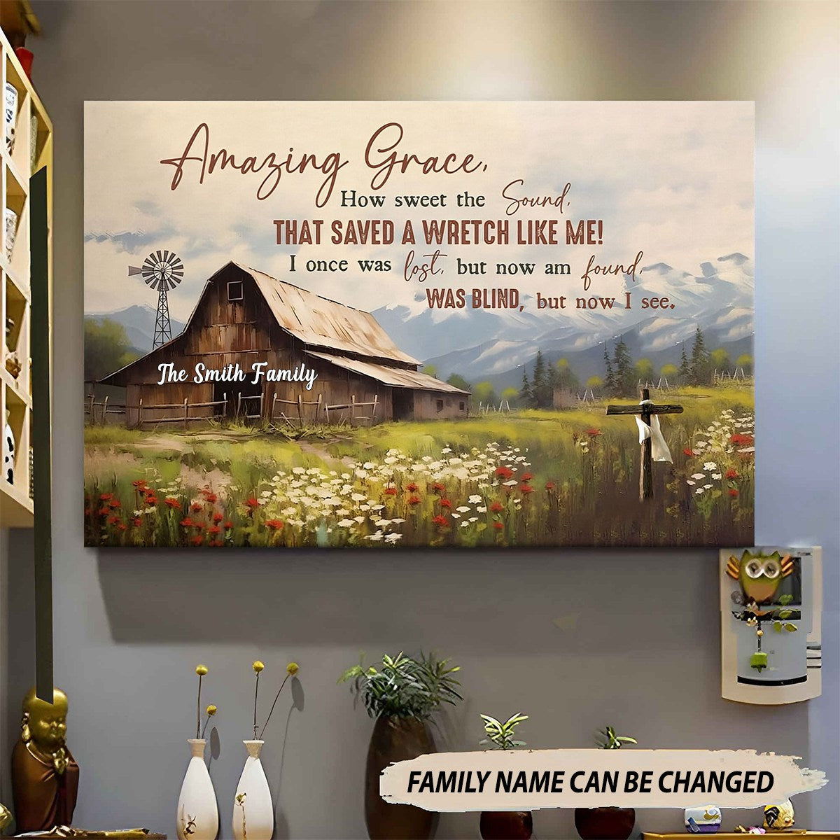 KISSFAITH-Amazing Grace How Sweet the Sound- Personalized Canvas-Old Barn With Flowers