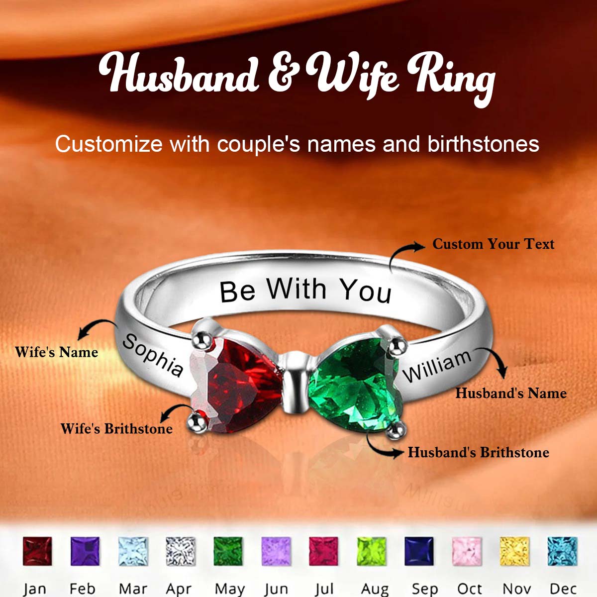 Personalized Ring with Heart Birthstones & Names for Wife Girlfriend