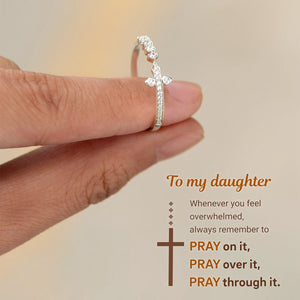 KISSFAITH-TO Daughter Pray On It Sideways Cross Adjustable Ring