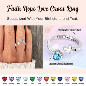 Personalized Faith Hope Love Birthstone Cross Adjustable Ring