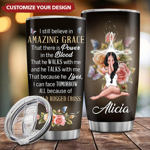 Fancy Personalized Floral Cross Tumbler - I Still Believe In Amazing Grace