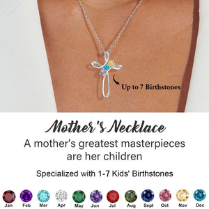 Personalized Grandma Mom 1-7 Family Cross Birthstones Necklace