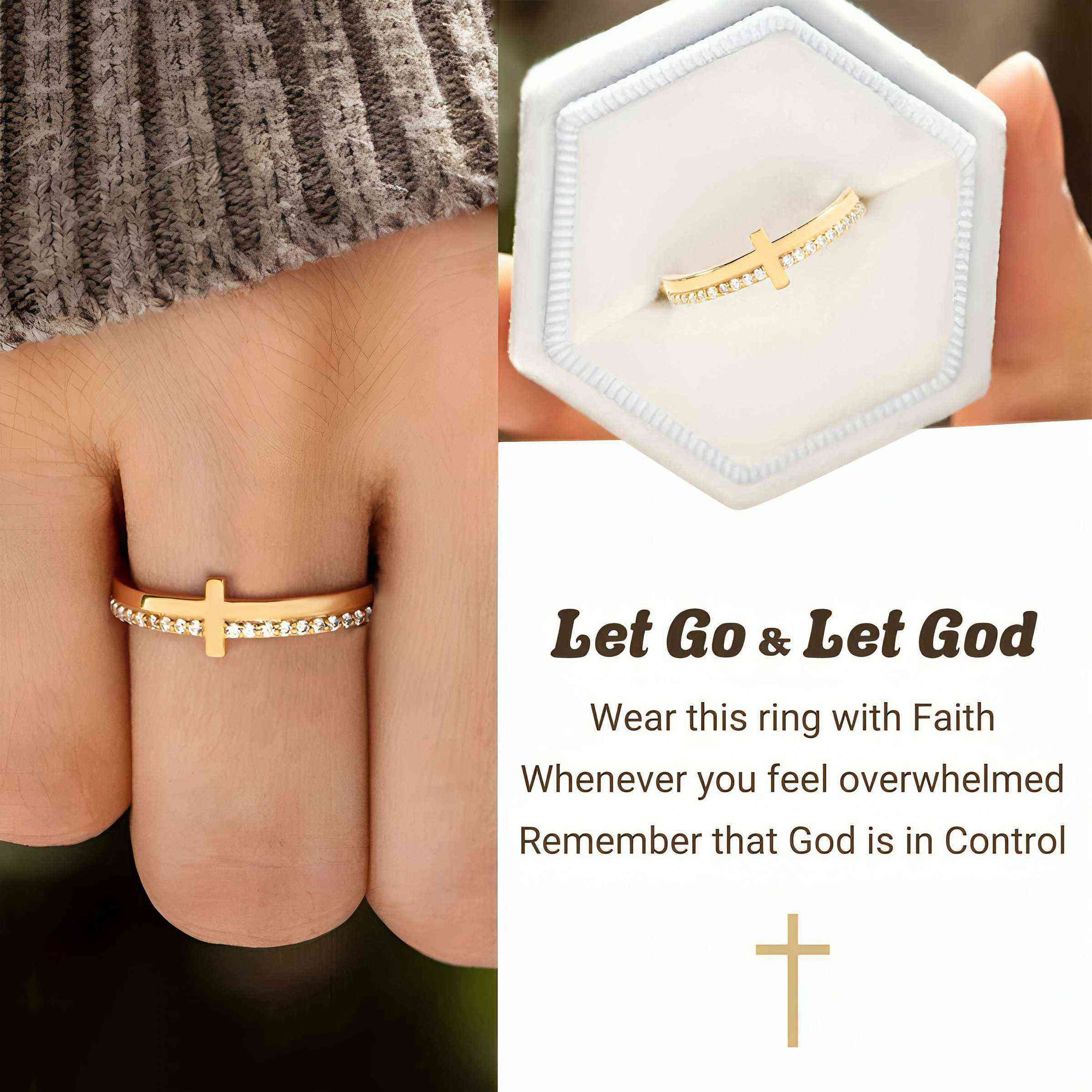 KISSFAITH-Let Go & Let God Golden Cross Ring, Gifts For Women