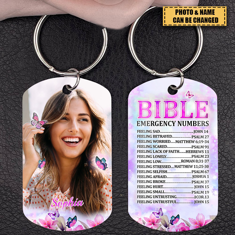 Christian Faith Bible Emergency Numbers Personalized Photo Keychain