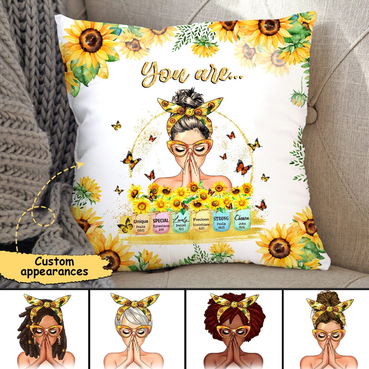 Sunflower Pretty Girl Praying- You Are Personalized Affirmation Pillow