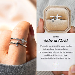 KISSFAITH-To My Sister In Christ, Sterling Silver Double Cross Adjustable Ring