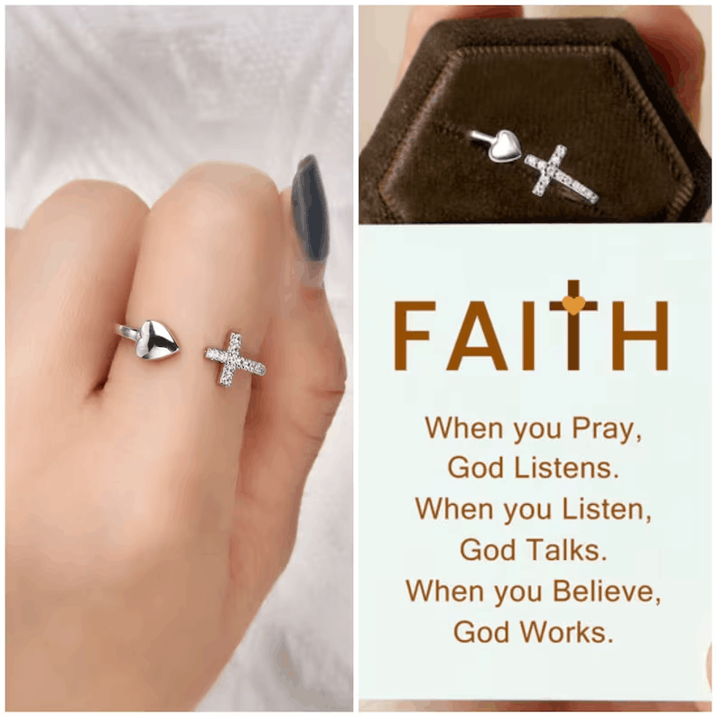 KISSFAITH-Sterling Silver Heart & Cross Ring - Faith Adjustable Ring