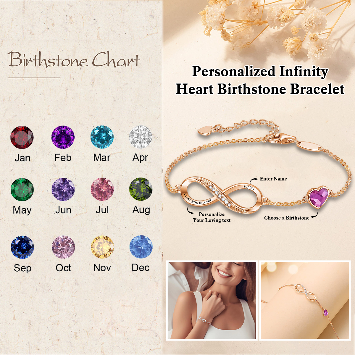 Gift For Her - Personalized Infinity Heart Birthstone Bracelet