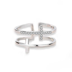 KISSFAITH-To My Sister In Christ, Sterling Silver Double Cross Adjustable Ring