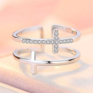 KISSFAITH-To My Sister In Christ, Sterling Silver Double Cross Adjustable Ring