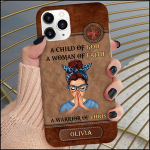 Woman Warrior Praying, A Child Of God Leather Texture Personalized Phone Case